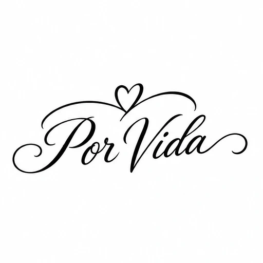 Black script tattoo design of 'Por Vida' with a heart and swirls above the words