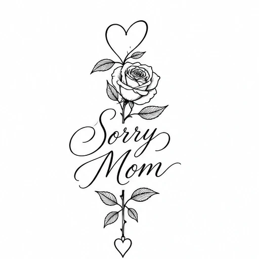 Black ink tattoo design with a detailed rose, two hearts, and 'Sorry Mom' script in elegant cursive