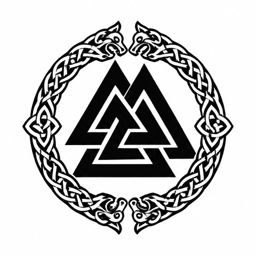 Black Valknut symbol surrounded by two interwoven Celtic serpent figures forming a circular knot.
