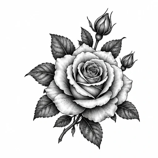 Black and gray tattoo design of a blooming rose with leaves and two rosebuds
