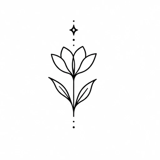 Minimalist black line flower tattoo with a star and dots above it