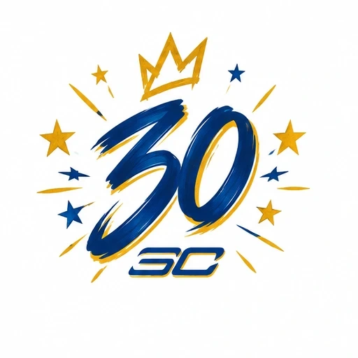 Tattoo design of large blue '30' with gold highlights, crowned and surrounded by blue and gold stars and bursts, with 'SC' below.