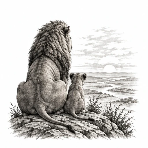 Black and gray detailed drawing of a lion and cub sitting on a rock watching the sunset