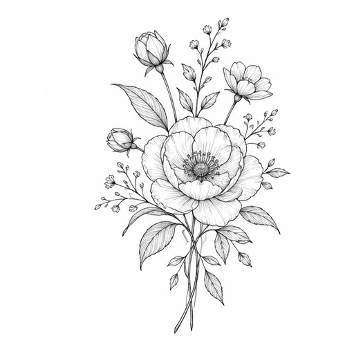 Black and white line drawing of a floral bouquet with a large central flower and smaller surrounding flowers and leaves