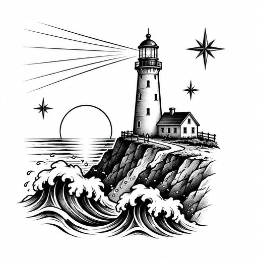 Black and white tattoo design of lighthouse on rocky cliff with waves, light beams, stars, and a setting sun