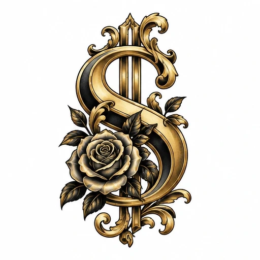 Gold and black ornate dollar sign with detailed rose and leaves