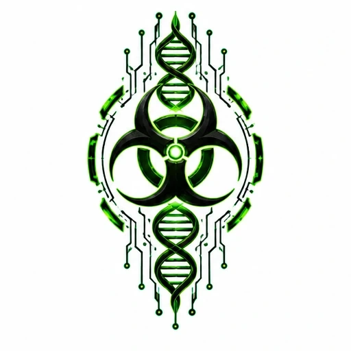 Black biohazard symbol with green DNA strands and circuit patterns in tattoo design