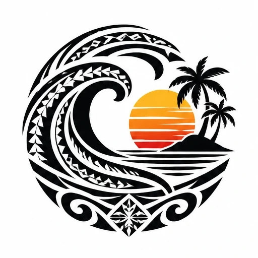 Circular tattoo with a Polynesian patterned wave, palm trees on an island, and a sunset in orange and red hues.