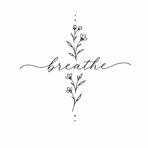 Minimalist tattoo spelling 'breathe' with small flowers and dots above and below in fine black linework.