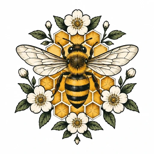 Detailed vintage-style bee tattoo with honeycomb background and white flowers