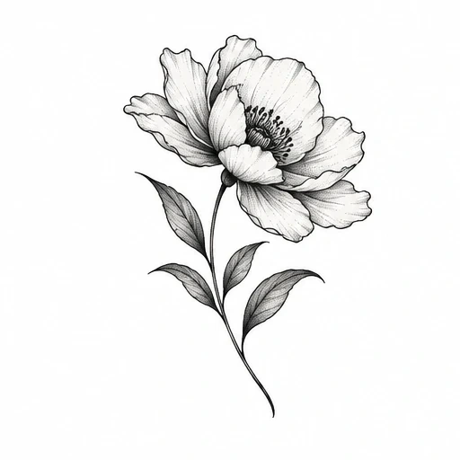Black single needle tattoo of a flower with thin petals and leaves