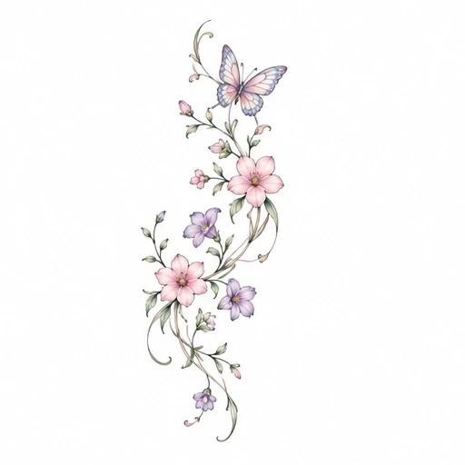 Vertical tattoo design of intertwined pink and purple flowers with green stems topped by a pastel butterfly.