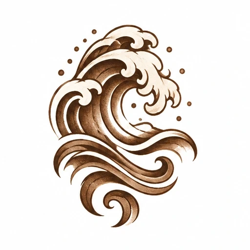 Brown ink stylized wave with swirling curves and droplets