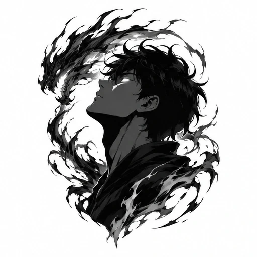 Black and white profile of a man with glowing eyes surrounded by smoky flames