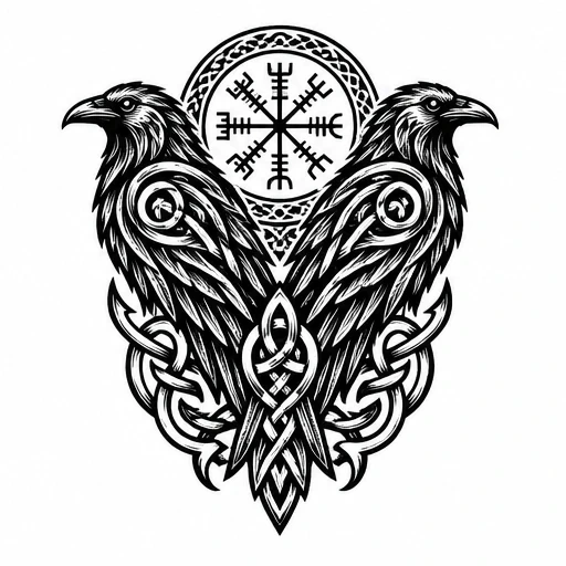 Black and white tattoo design of two symmetrical Viking ravens with detailed feathers, Norse knotwork tails, and a Vegvisir compass symbol overhead.