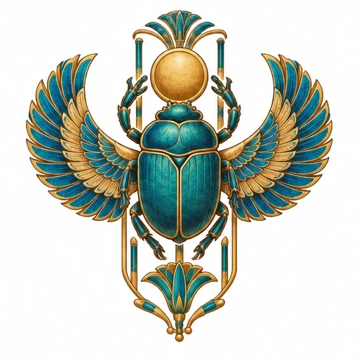 Egyptian scarab tattoo design with blue and gold wings and sun disk