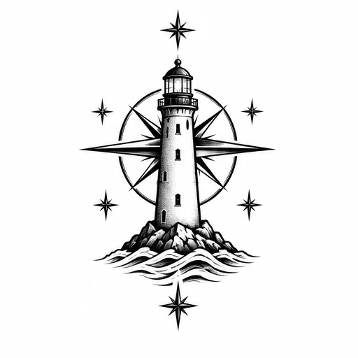 Black and white lighthouse on rocks with waves and compass rose background with star points