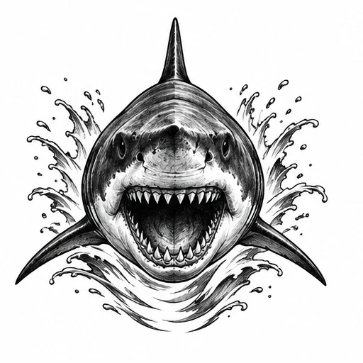 Black and white tattoo of a great white shark with mouth open, splashing water around