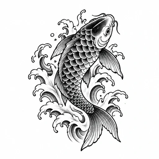 Black and white koi fish tattoo design with detailed scales and water splashes.