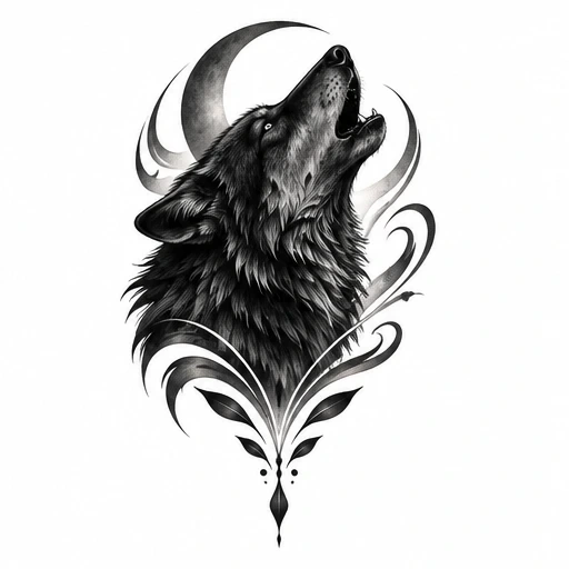 Black and gray tattoo design of a black wolf howling with a crescent moon and abstract swirls behind it