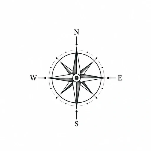 Black and grey compass rose tattoo with cardinal direction letters and fine line shading