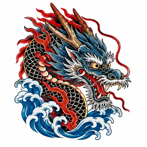 Traditional Japanese dragon tattoo art with black scales, red flames, blue waves, white whiskers, and antler horns.