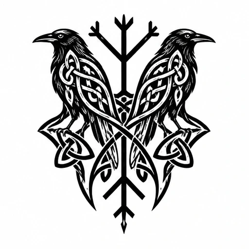 Black ink symmetrical tattoo of two ravens facing away with Norse knotwork and Vegvisir symbol