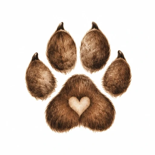 Realistic brown dog paw print with heart shape in center pad on white background