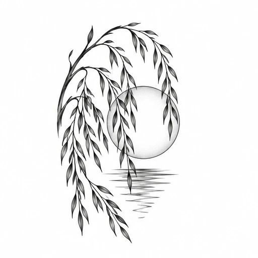 Fine line tattoo design of willow tree branches and leaves with a shaded moon and its reflection on water