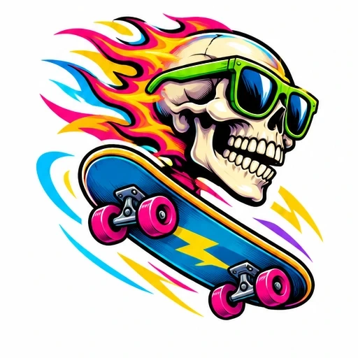 Skull with green sunglasses and flames riding a blue skateboard with lightning bolt and pink wheels