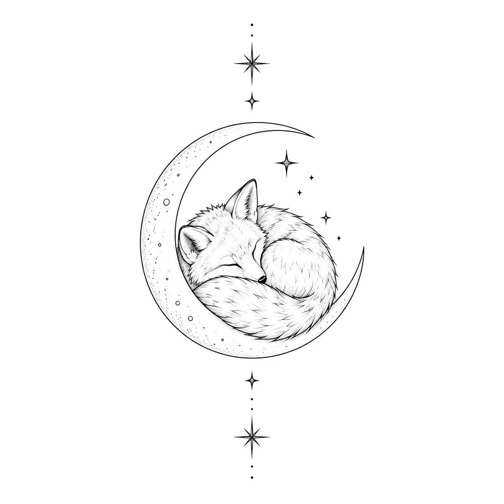 Line art tattoo of a sleeping fox curled inside a crescent moon with surrounding stars.