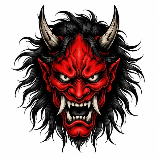 Red oni demon mask with black wild hair, snarling face, sharp fangs, and curved horns
