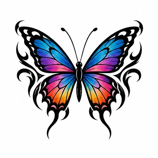 Colorful butterfly tattoo with blue, purple, pink, orange wings and black tribal accents