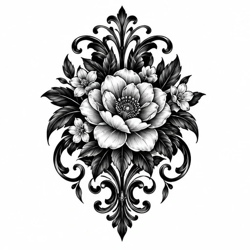 Black and white floral tattoo design with central flower, smaller blossoms, leaves, and ornamental flourishes