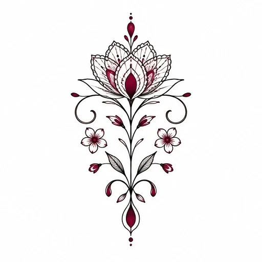 Black and burgundy lotus flower tattoo design with smaller flowers and leaves arranged symmetrically.