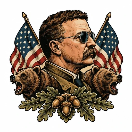 Illustrated portrait of Teddy Roosevelt with aviators, flanked by two roaring bears, American flags, and oak leaves with acorns