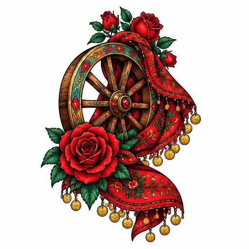 Illustration of a wooden wagon wheel with blooming red roses and a red shawl decorated with golden tassels and floral designs.