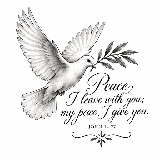 Black and white tattoo design of a flying dove carrying an olive branch with Bible verse John 14:27 in elegant script.