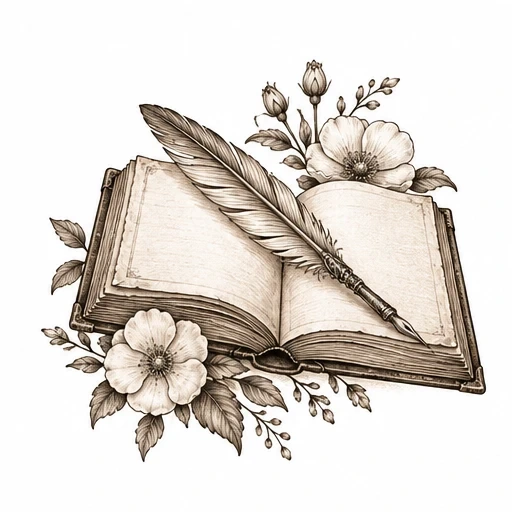 Vintage open book with feather quill and flowers tattoo design in sepia tones