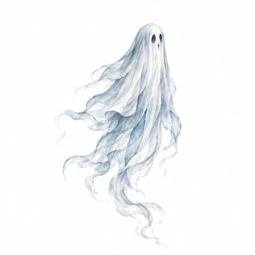 Watercolor ghost illustration with flowing translucent veil and dark eyes