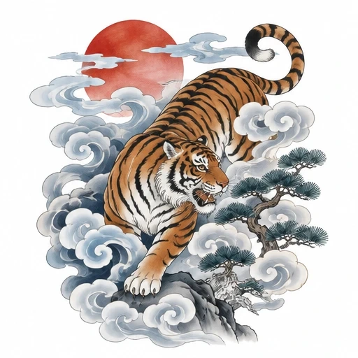Japanese style tattoo design of a crouching tiger surrounded by swirling clouds, red sun, and a pine tree.