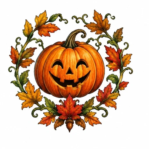 Cheerful carved pumpkin encircled by autumn leaves and vines forming a wreath
