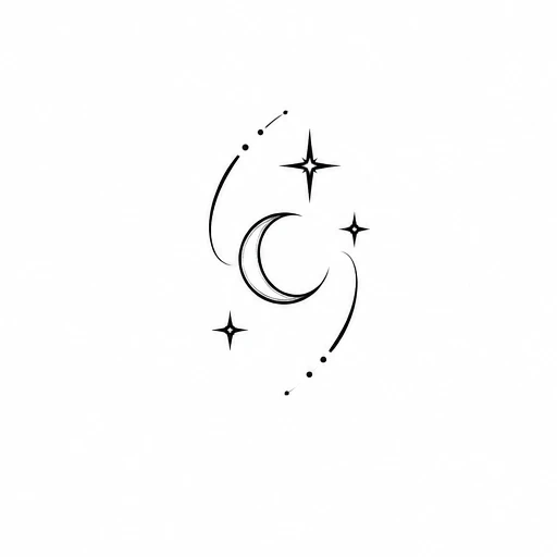 Fine line crescent moon with three stars and dotted curved lines tattoo design