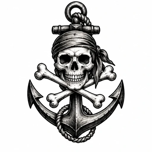 Black ink pirate skull with crossbones over an anchor wrapped in rope tattoo design