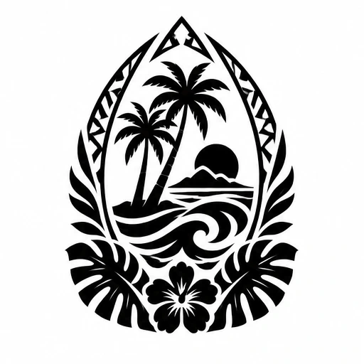 Black silhouette tattoo design of Hawaiian sunset with palm trees, waves, hibiscus flower, and tribal frame