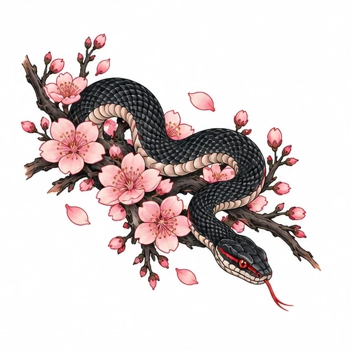 Illustration of a black snake coiled around cherry blossom branches with pink flowers and petals.
