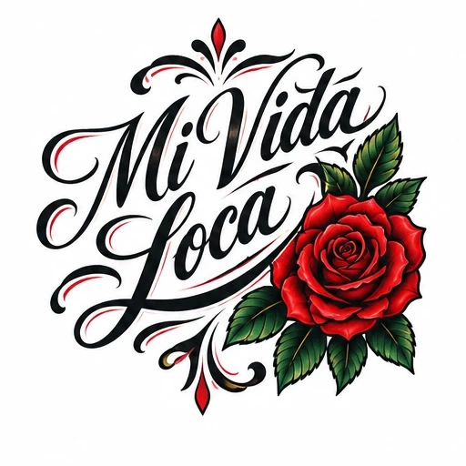 Mi Vida Loca lettering in black script with red highlights, accompanied by a detailed red rose with green leaves and decorative flourishes.
