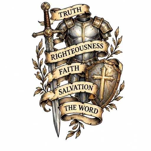 Armor of God tattoo design with sword, shield, and banner listing Truth, Righteousness, Faith, Salvation, and The Word
