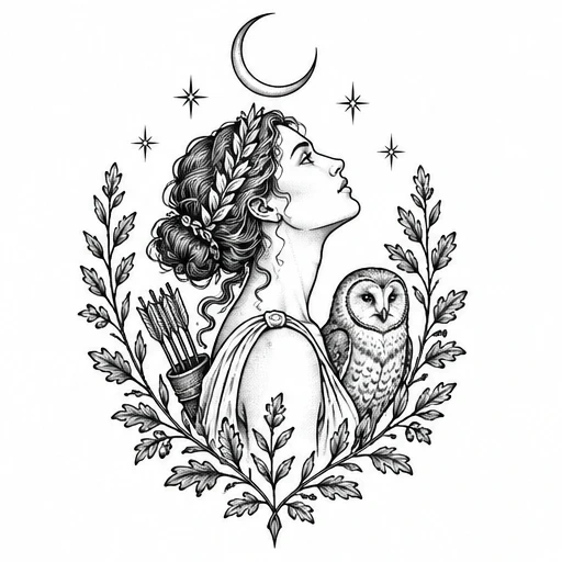 Fine line black ink tattoo of Artemis goddess profile with owl, crescent moon, laurel and oak leaves