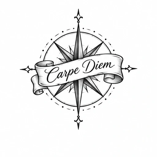Black and gray compass rose tattoo with a ribbon banner that reads 'Carpe Diem' in script